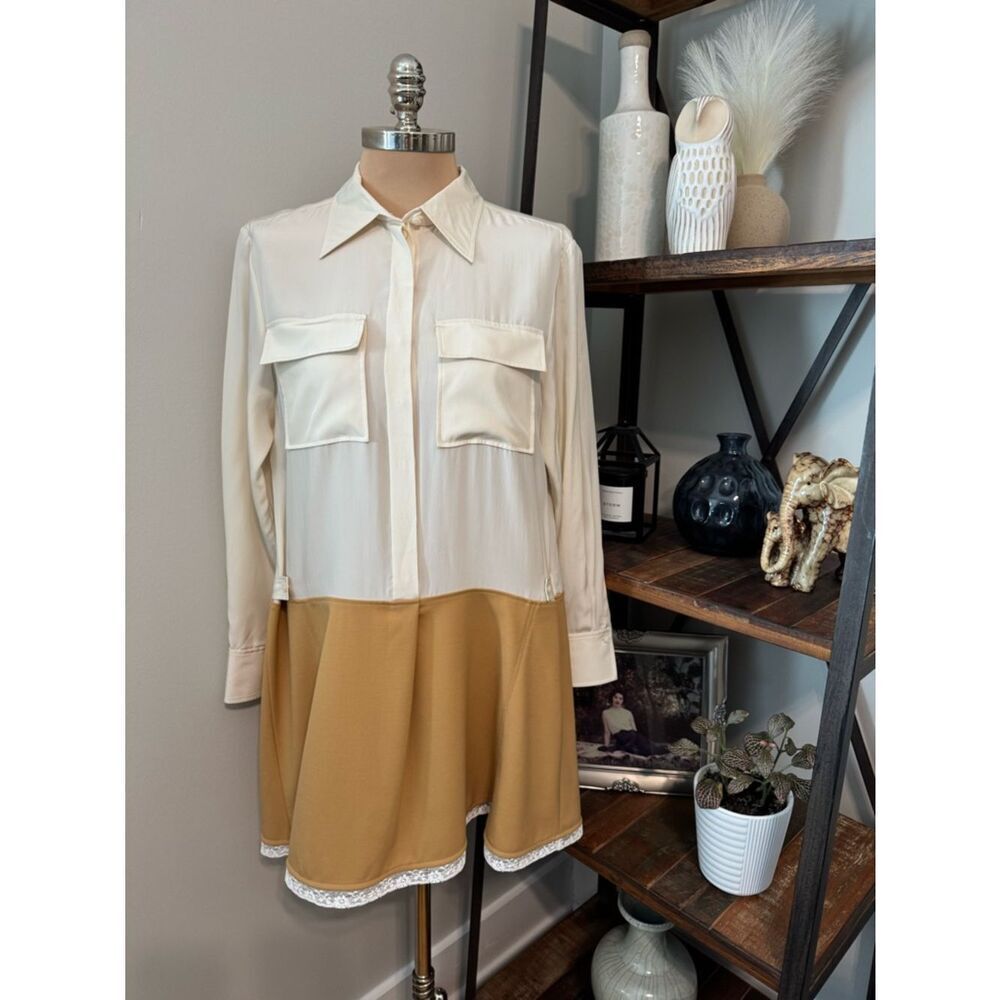 Chloé Mini Dress 100% Silk Wool Blend Skirt Button Front Lace EUR 42 US 10-12